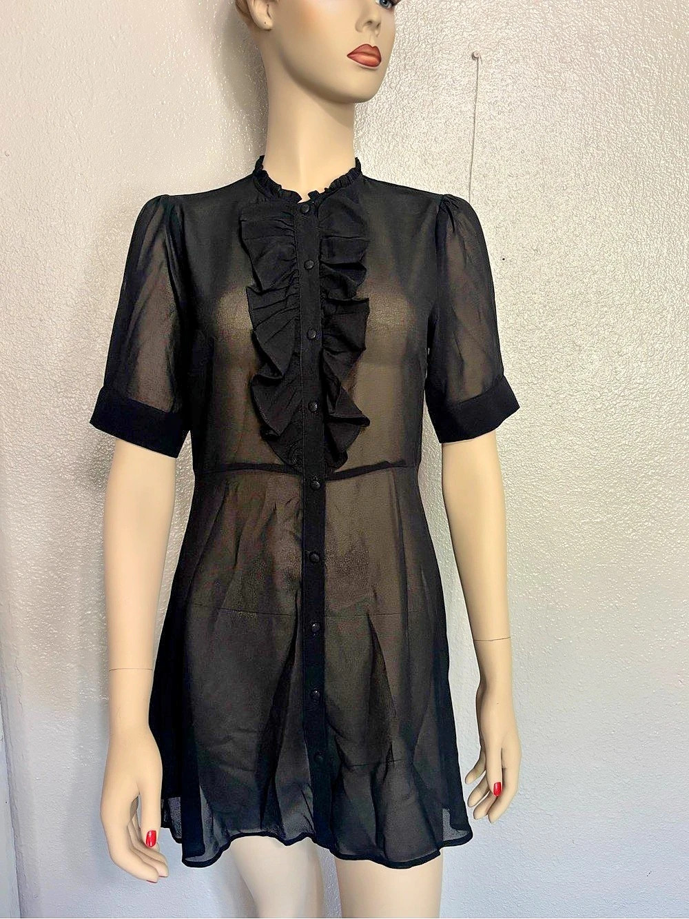 Zara Black Chiffon Ruffle Front Mini Dress Like New